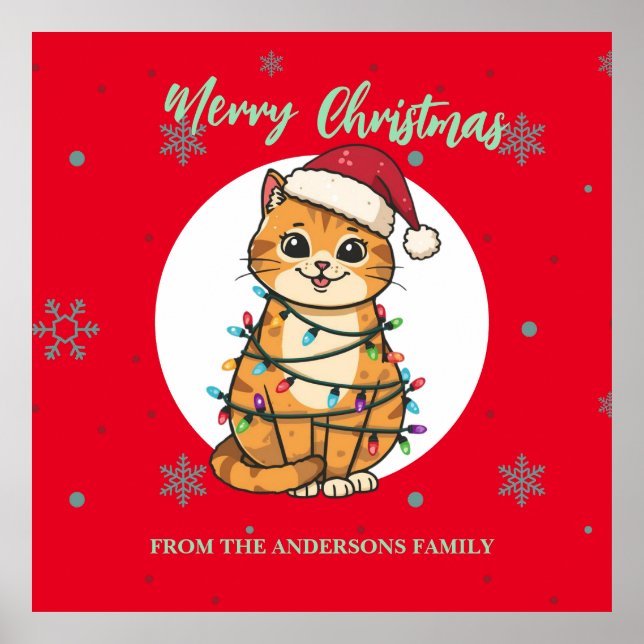 Modern red merry cat snowflake Christmas kitten Poster (Front)