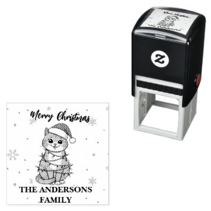 Modern red merry cat snowflake Christmas kitten Self-inking Stamp