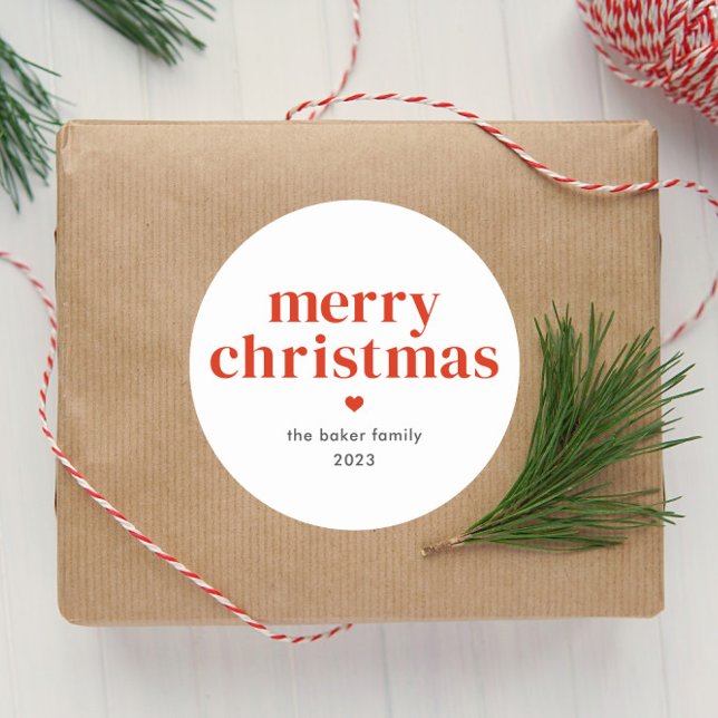Modern Red Merry Christmas Classic Round Sticker (Modern Merry Christmas Gift Tag Sticker.)