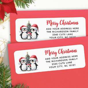 Modern Red Merry Christmas Cute Penguins Family