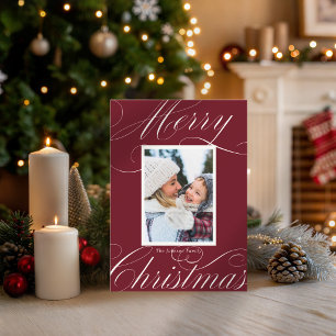 Modern Red Merry Christmas Elegant Script Photo Card