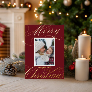 Modern Red Merry Christmas Elegant Script Photo Foil Holiday Card