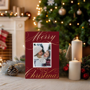 Modern Red Merry Christmas Elegant Script Photo Foil Holiday Card