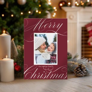 Modern Red Merry Christmas Elegant Script Photo Holiday Card