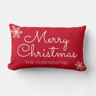 Modern Red Merry Christmas Family Name Snowflake Lumbar Cushion