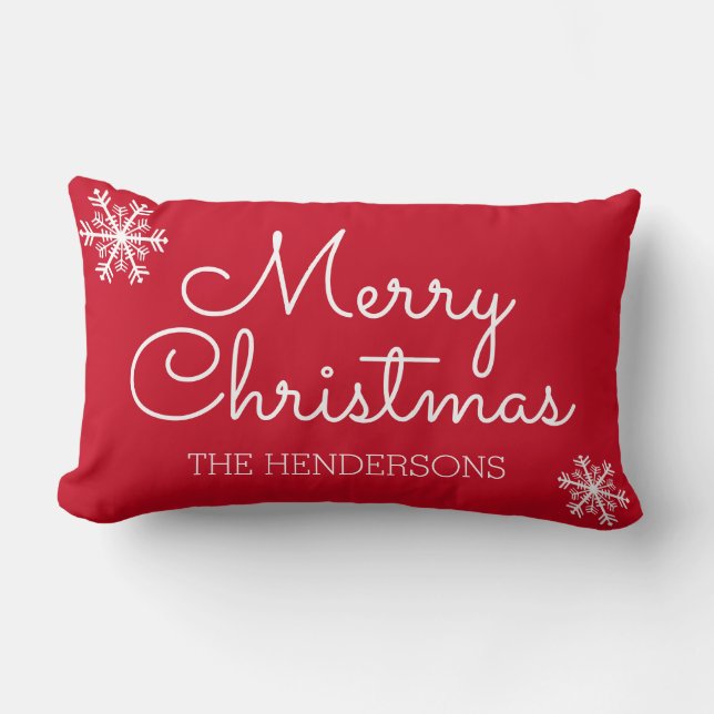 Modern Red Merry Christmas Family Name Snowflake Lumbar Cushion (Front)