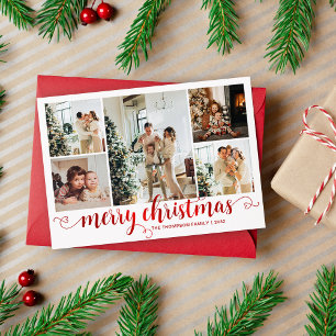 Modern Red Merry Christmas Heart Script 5 Photo Holiday Card