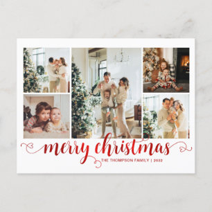 Modern Red Merry Christmas Heart Script 5 Photo Holiday Postcard