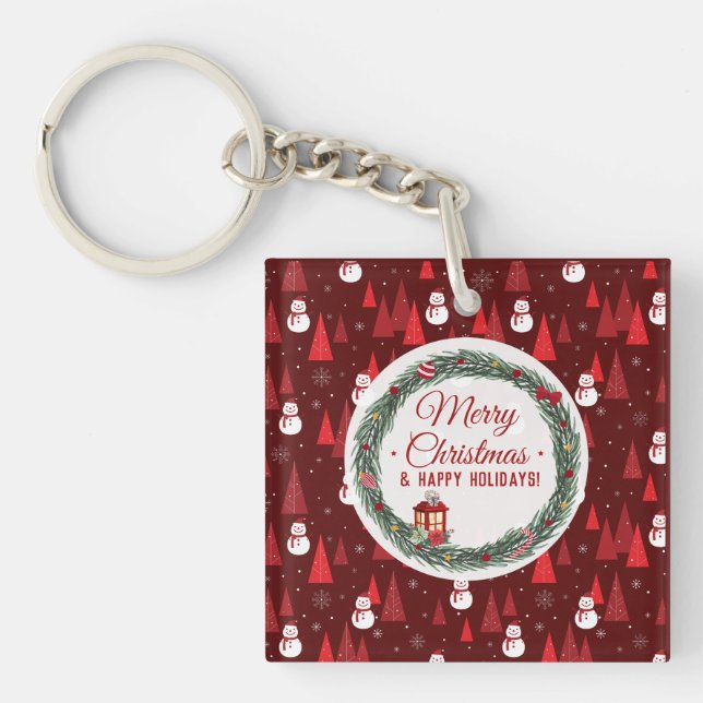 Modern red merry christmas  holiday key ring (Front)