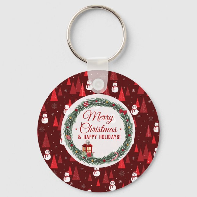 Modern red merry christmas  holiday key ring (Front)