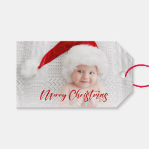 Modern Red Merry Christmas Script Photo Gift Tags