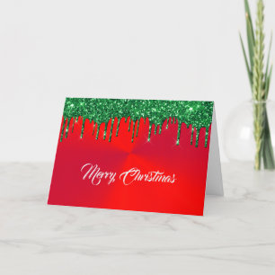 Modern Red Metal Green Glitter Drips Christmas Holiday Card
