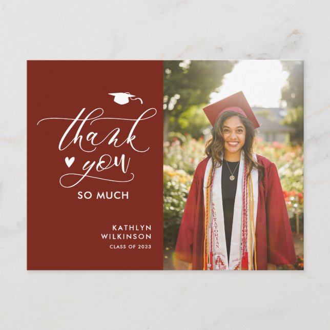 Modern Red Minimalist Photo Graduation Thank You Postcard (Front)