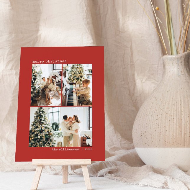 Modern Red Minimalist Three Photo Christmas Holiday Card (Creator Uploaded)