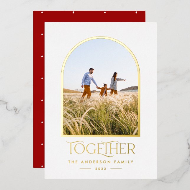 Modern red modern minimal arch photo together foil holiday card (Front/Back)