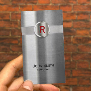 Modern Red Monogram Metal Texture Business Card