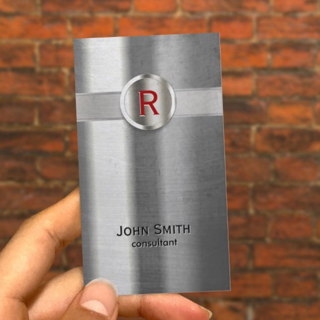 Modern Red Monogram Metal Texture Business Card (Creator Uploaded)