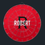 Modern red monogram name dart board<br><div class="desc">Modern red dart board with a white name and black monogram. Personalise with name and initial.</div>