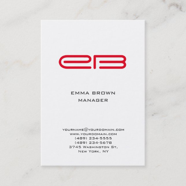 Modern red monogram white background business card (Front)