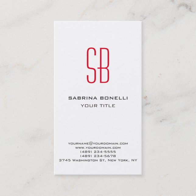 Modern Red Monogram White Cute Style Business Card (Front)