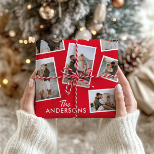 Modern Red Multi Photo Family Collage Wrapping Paper