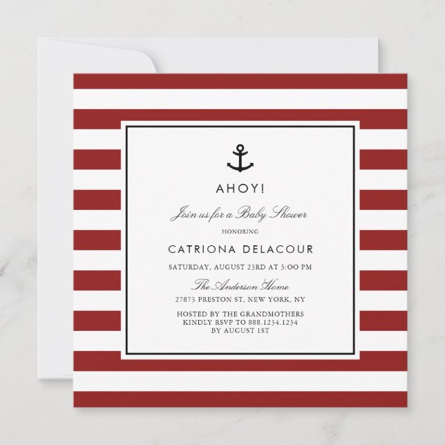 Modern Red Nautical Stripes Baby Shower Invitation (Front)