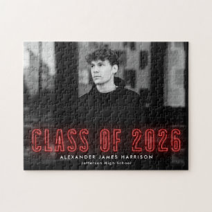 Modern Red Neon Class of 2025 Photo Graduation Jigsaw Puzzle