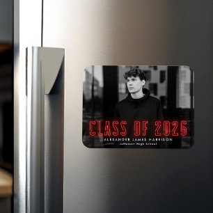 Modern Red Neon Class of 2026 Photo Graduation Magnet