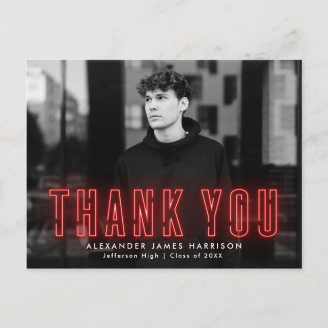 Modern Red Neon Photo Graduation Thank You Postcard (Front)