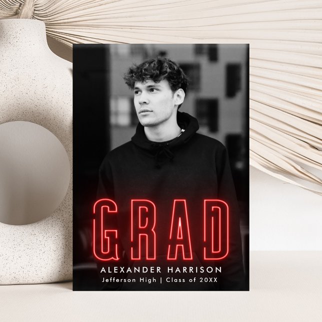 Modern Red Neon Vertical Photo Graduation Announcement (Creator Uploaded)