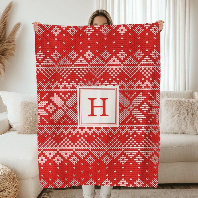 Modern Red Nordic Sweater Knit Monogram Holiday Fleece Blanket (Creator Uploaded)