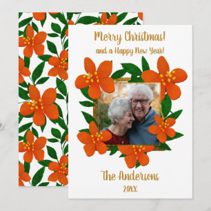Modern Red Orange Floral Gold Frame Photo Holiday Card