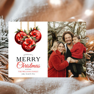Modern Red Ornaments Merry Christmas Photo Holiday Card