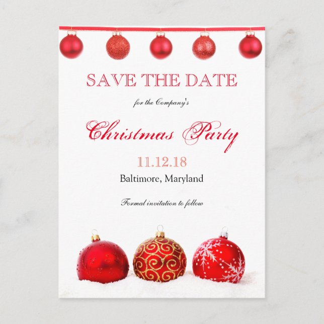 Modern Red Ornaments Save The Date Christmas Party Announcement Postcard (Front)