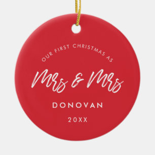 Modern Red Our First Christmas as Mrs and Mrs Ceramic Tree Decoration