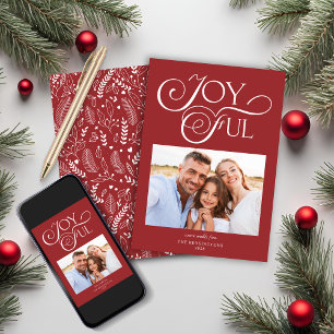 Modern Red Pattern Joyful Holiday Photo Card