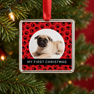 Modern Red Paw Print Puppy First Christmas Photo Metal Tree Decoration