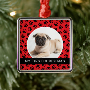Modern Red Paw Print Puppy First Christmas Photo Metal Tree Decoration