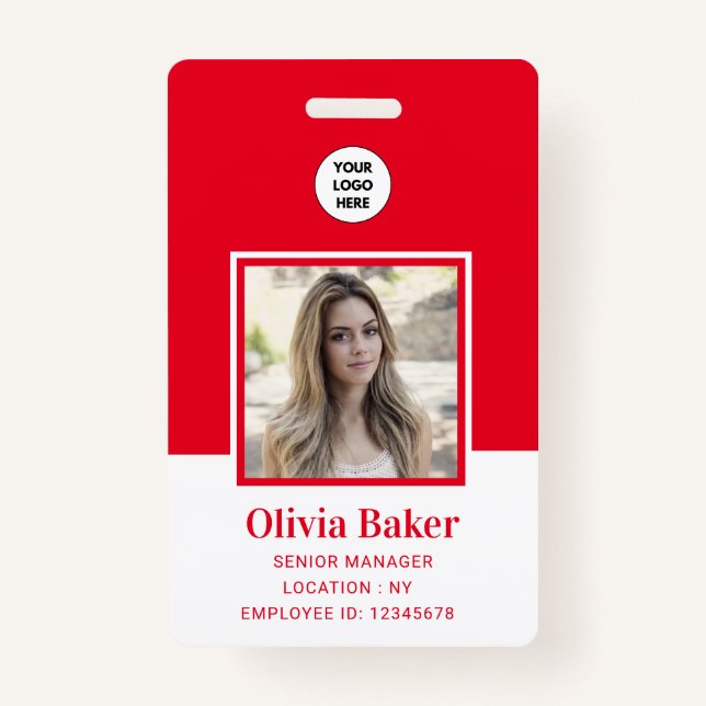 Modern Red Photo Barcode Business Logo Namee ID Badge (Front)