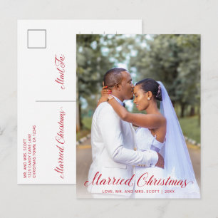 Modern Red Photo Elegant Newlywed Christmas Holiday Postcard