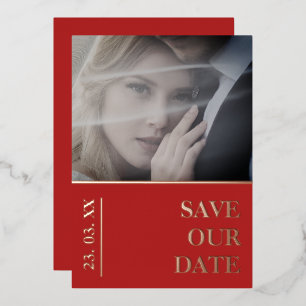 Modern Red Photo Foil Wedding Save the Date Holiday Card