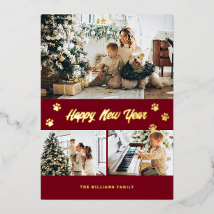 Modern Red Photo Happy New Year Gold Foil Holiday Card