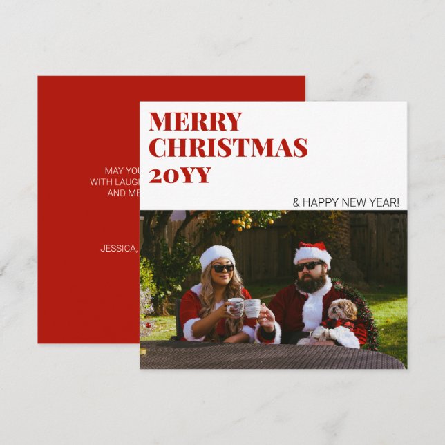 Modern Red Photo Simple Minimalist Merry Christmas Holiday Card (Front/Back)