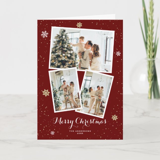 Modern Red Photo Snowflakes Stars Merry Christmas  Holiday Card (Front)