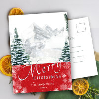 Modern Red Pine Tree Snowflakes Bokeh Chic Script