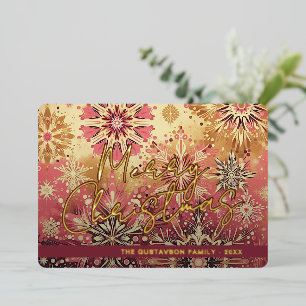 Modern Red Pink Abstract Snowflake Floral Art Gold Foil Holiday Card
