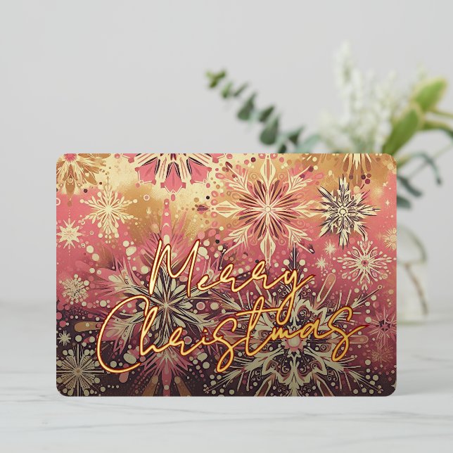 Modern Red Pink Abstract Snowflake Floral Art Gold Foil Holiday Card (Standing Front)