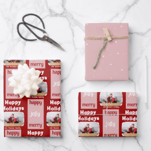 Modern Red Pink Family Photo Christmas Happy  Wrapping Paper Sheet