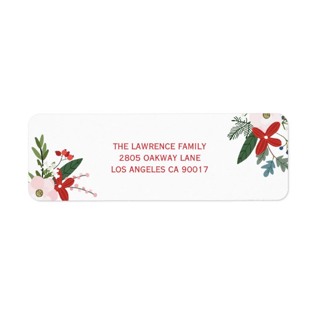 Modern Red Pink Floral Merry Christmas Address (Front)