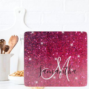 Modern Red & Pink Glitter Sparkles Name Cutting Board